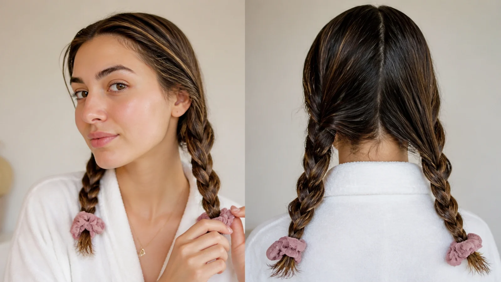 Damp hair in two rope twists for overnight waves