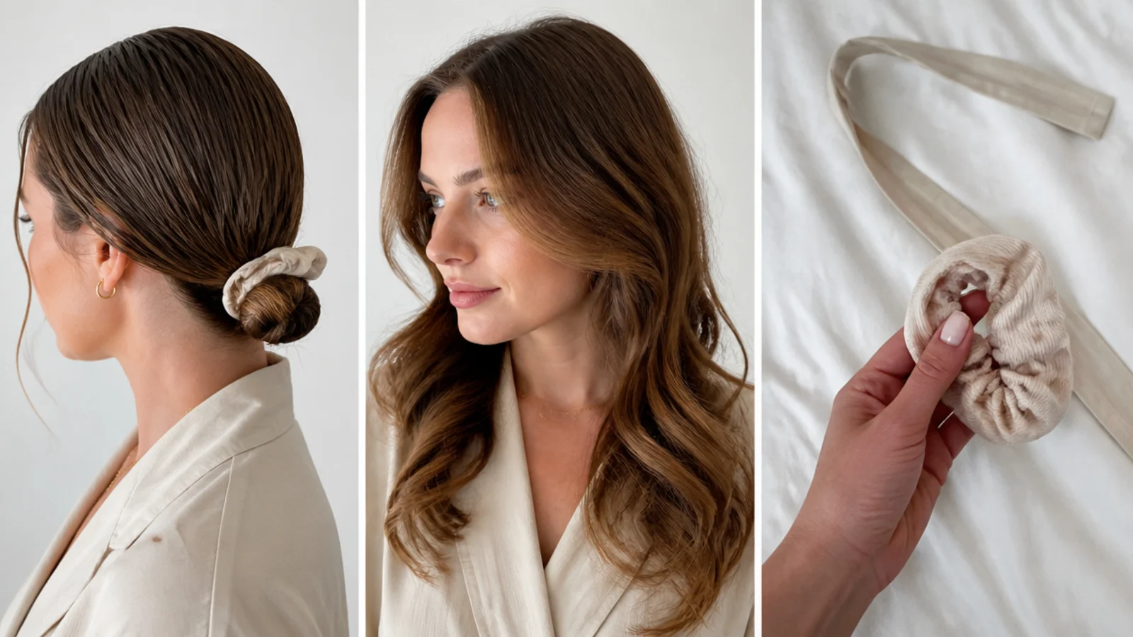 Damp hair in a low bun for soft overnight waves