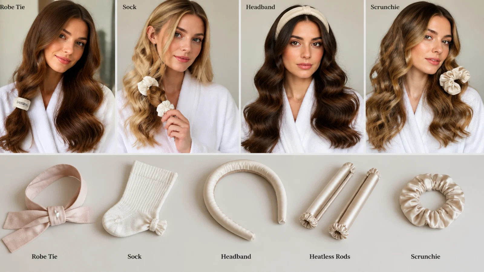 Several heatless curl tools laid out - robe tie, socks, headband, rods