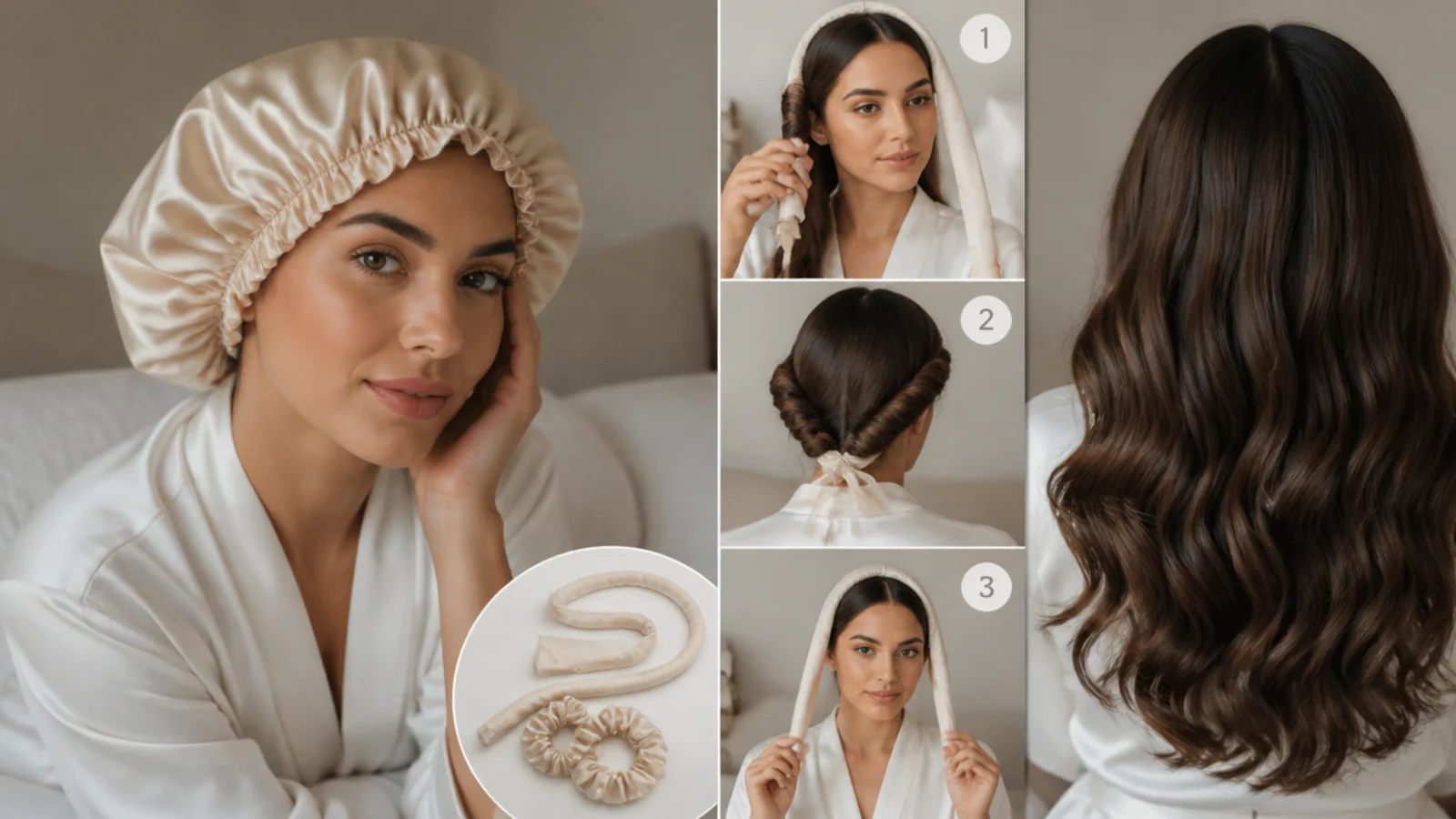 A satin bonnet over wrapped hair for the night