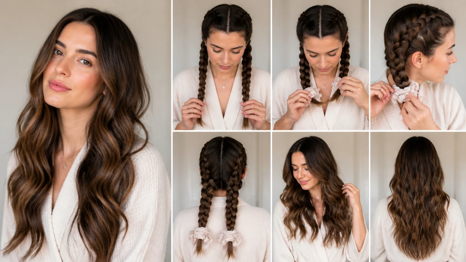 Long hair in two french braids for waves