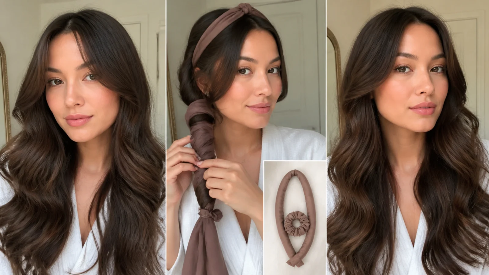 Long hair with soft curled curtain bangs