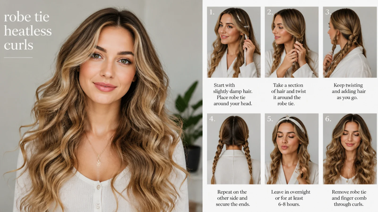 Long hair in soft flowing heatless curls created overnight