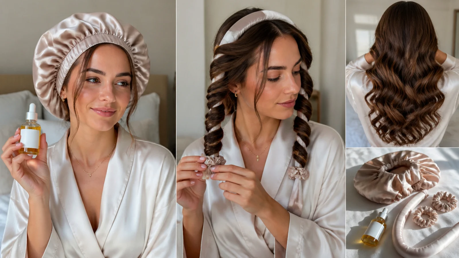 Satin bonnet and light oil for long heatless curls