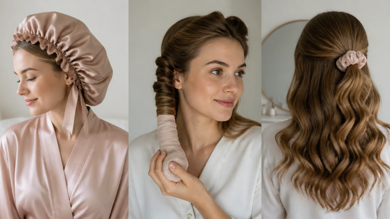 A satin bonnet over wrapped curls