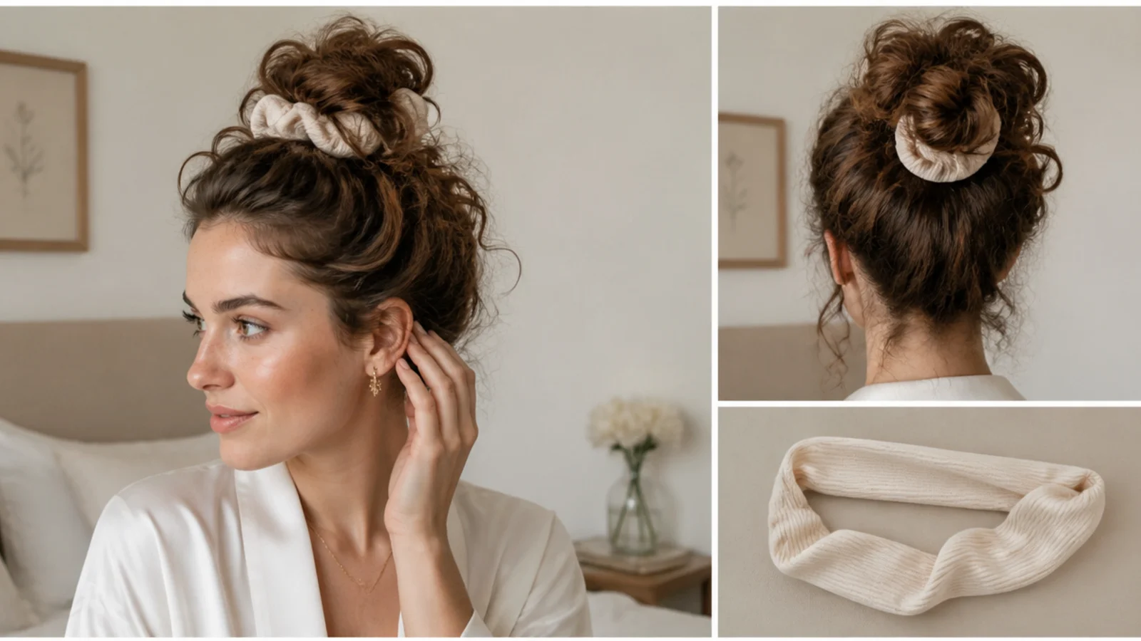 Curls loosely gathered on top of the head for the night