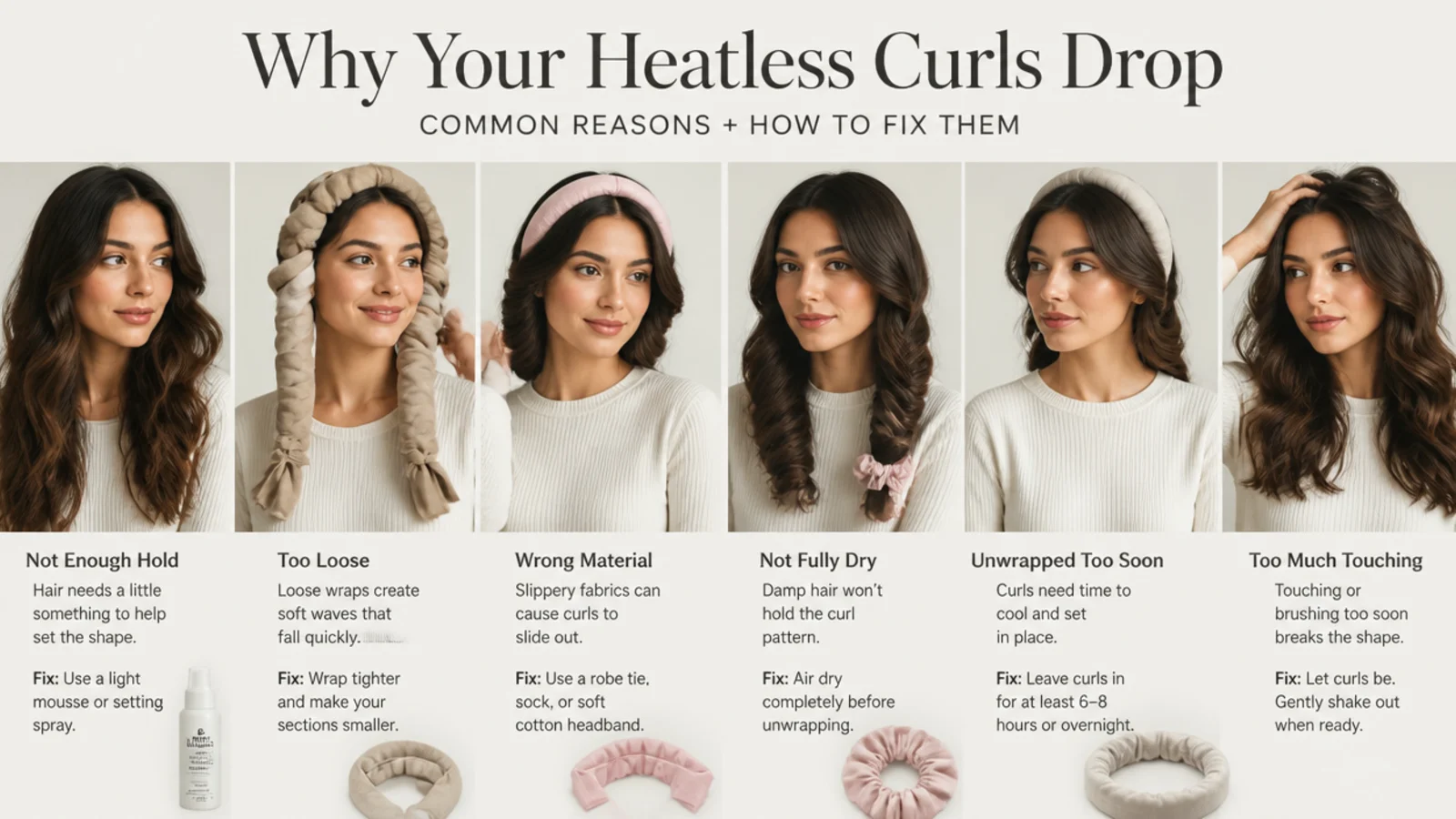 Common reasons heatless curls drop, shown side by side