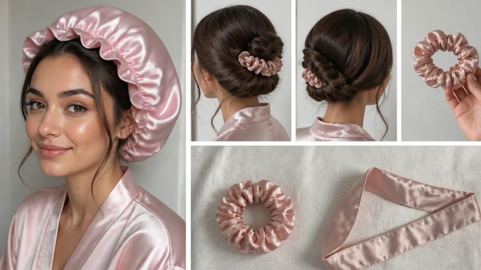 Scrunchie bun ready for sleep with a satin bonnet