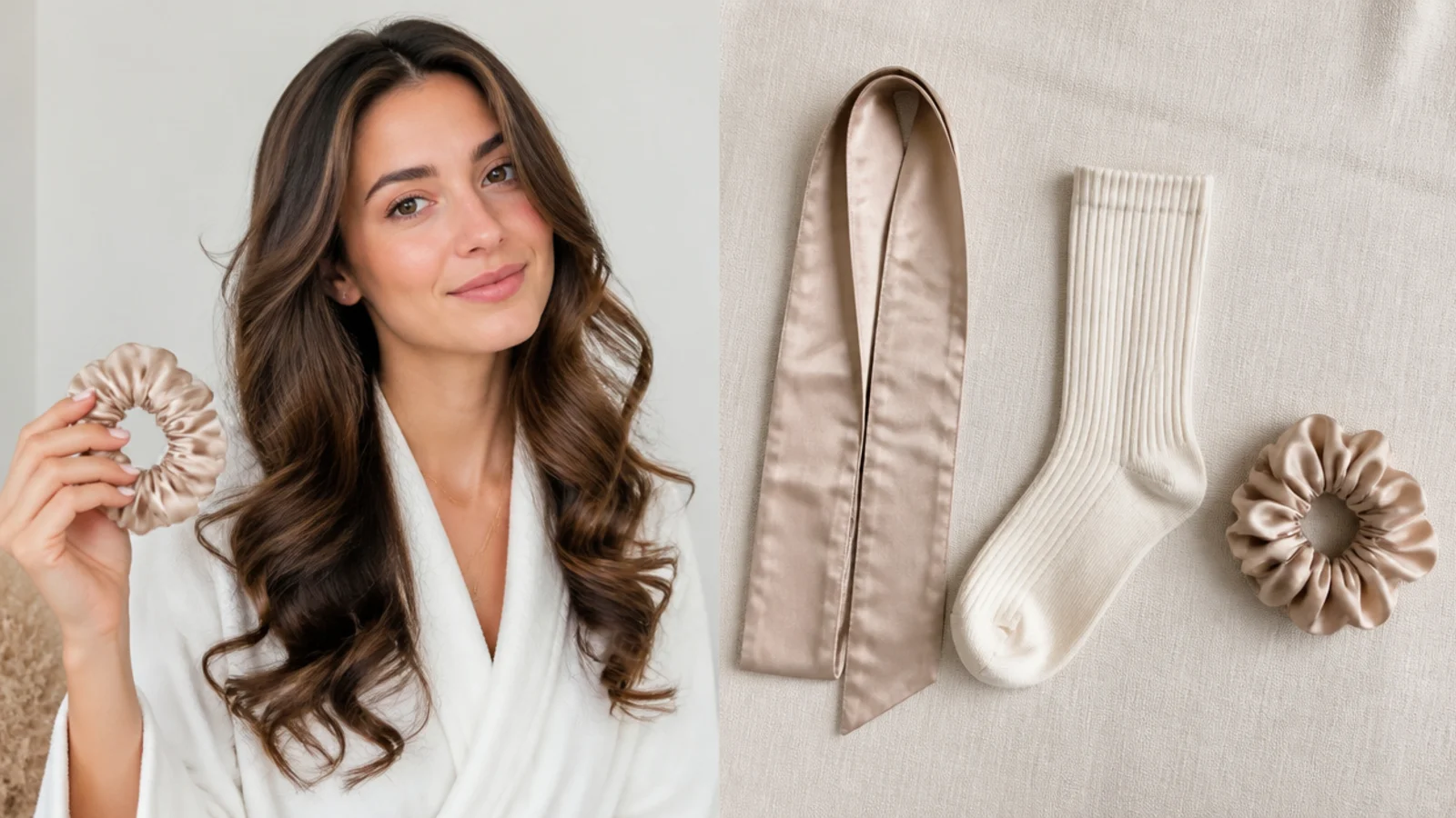 A scrunchie, sock and robe tie side by side