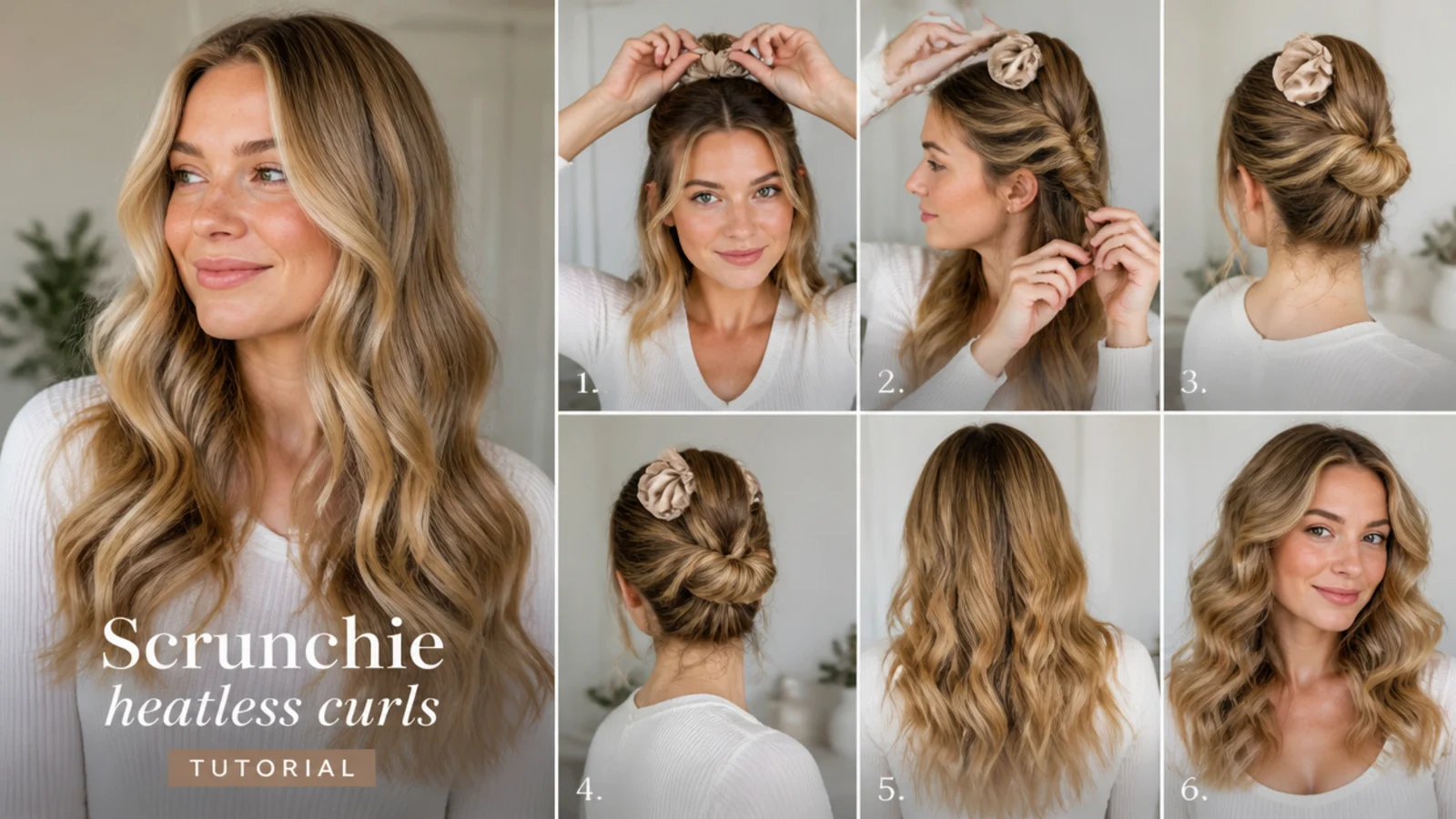 Scrunchie heatless curls tutorial, vertical Pinterest style