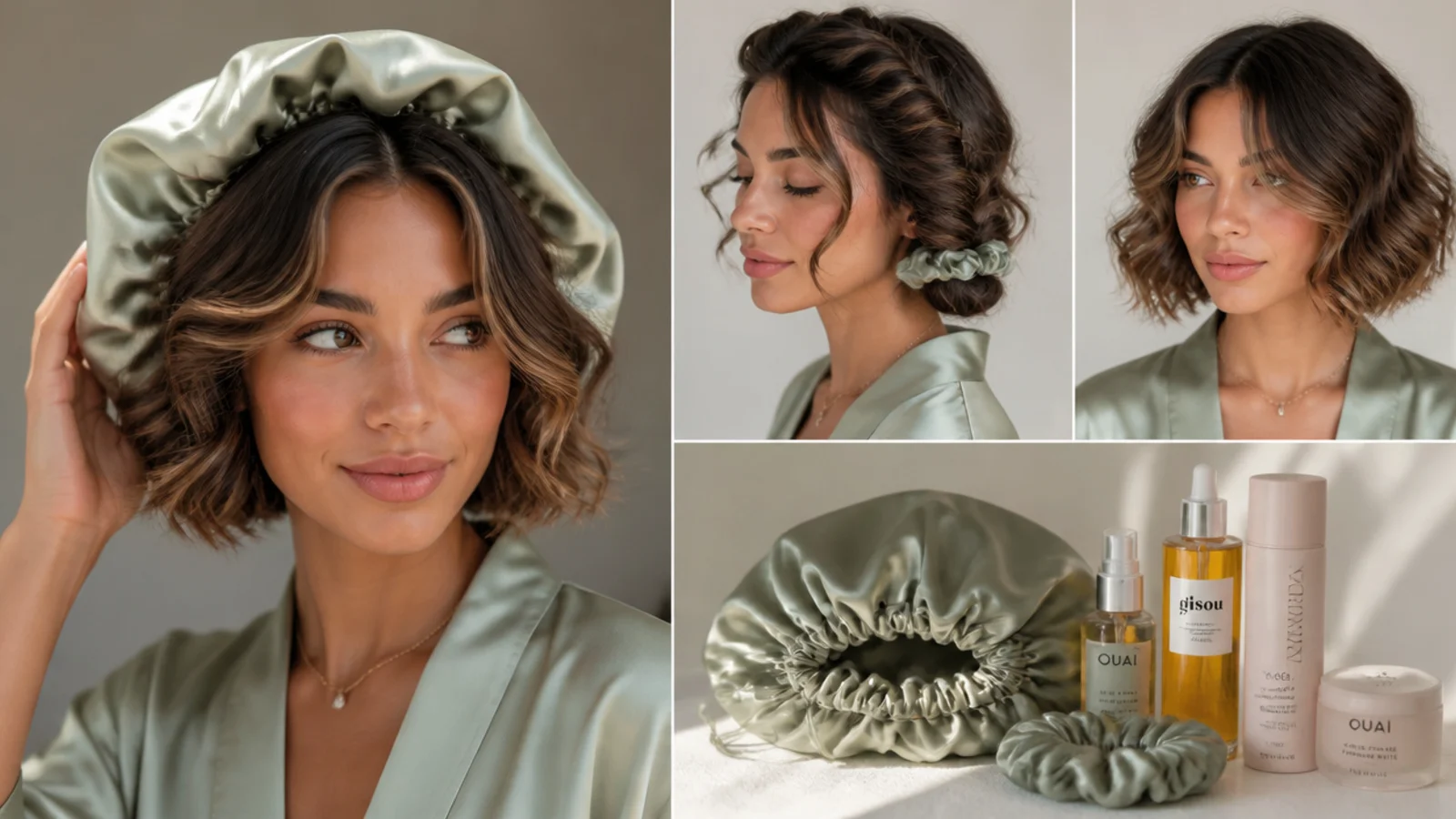 Satin bonnet and light products for short heatless curls