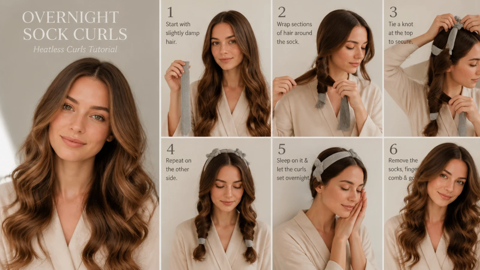 Overnight sock curls tutorial, vertical Pinterest style