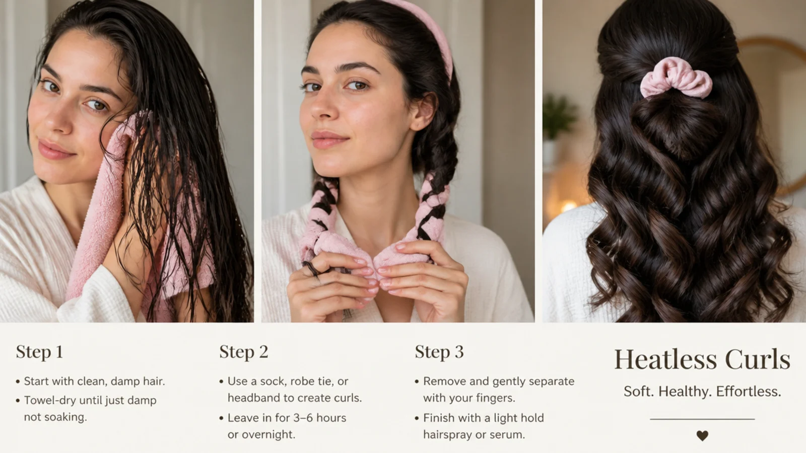 Towel-dried hair at the ideal dampness for heatless curls