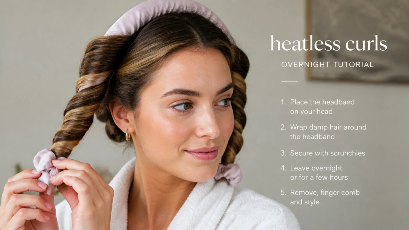 Damp hair wrapped around a heatless rod
