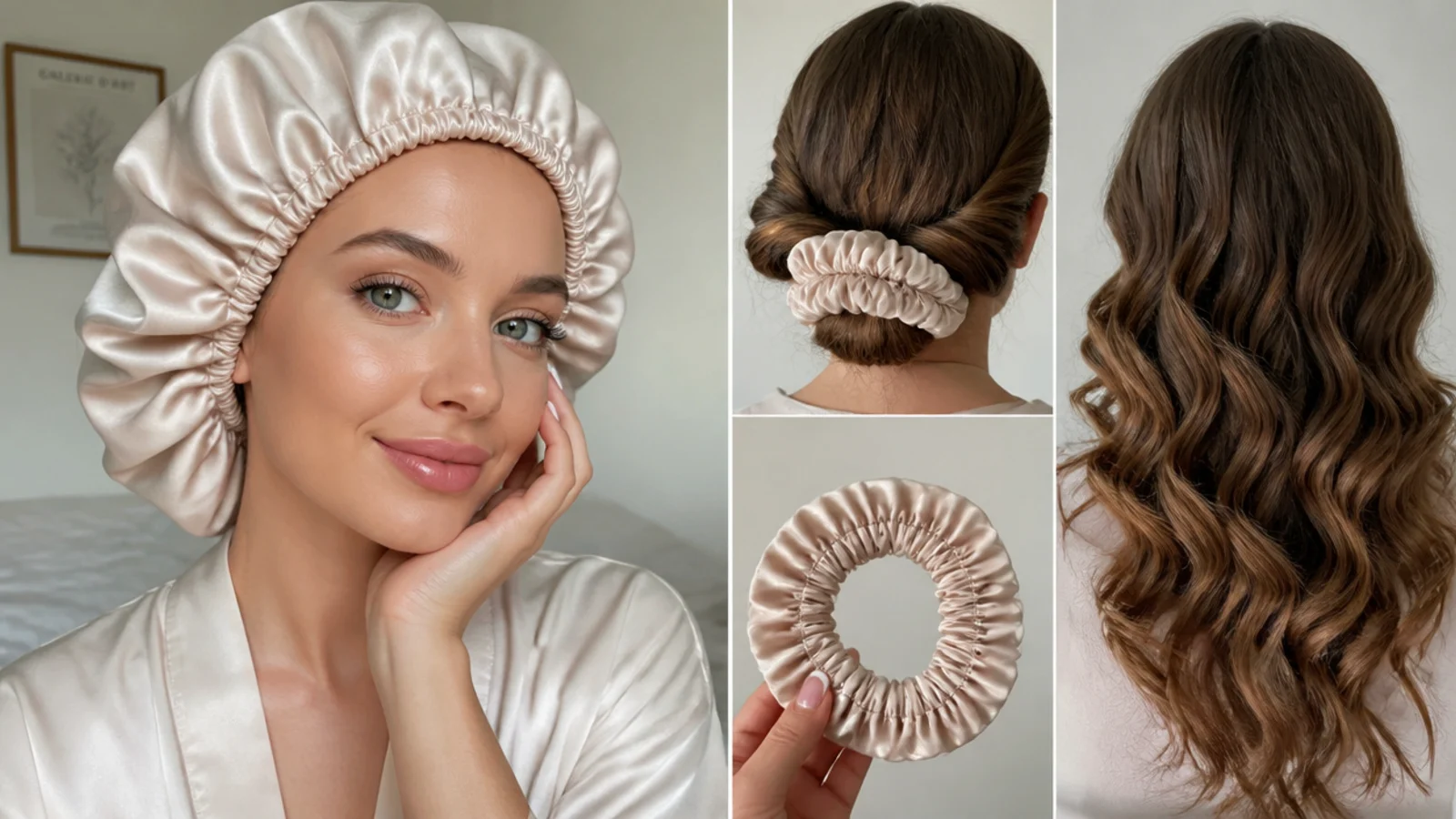 A satin bonnet placed over wrapped damp hair