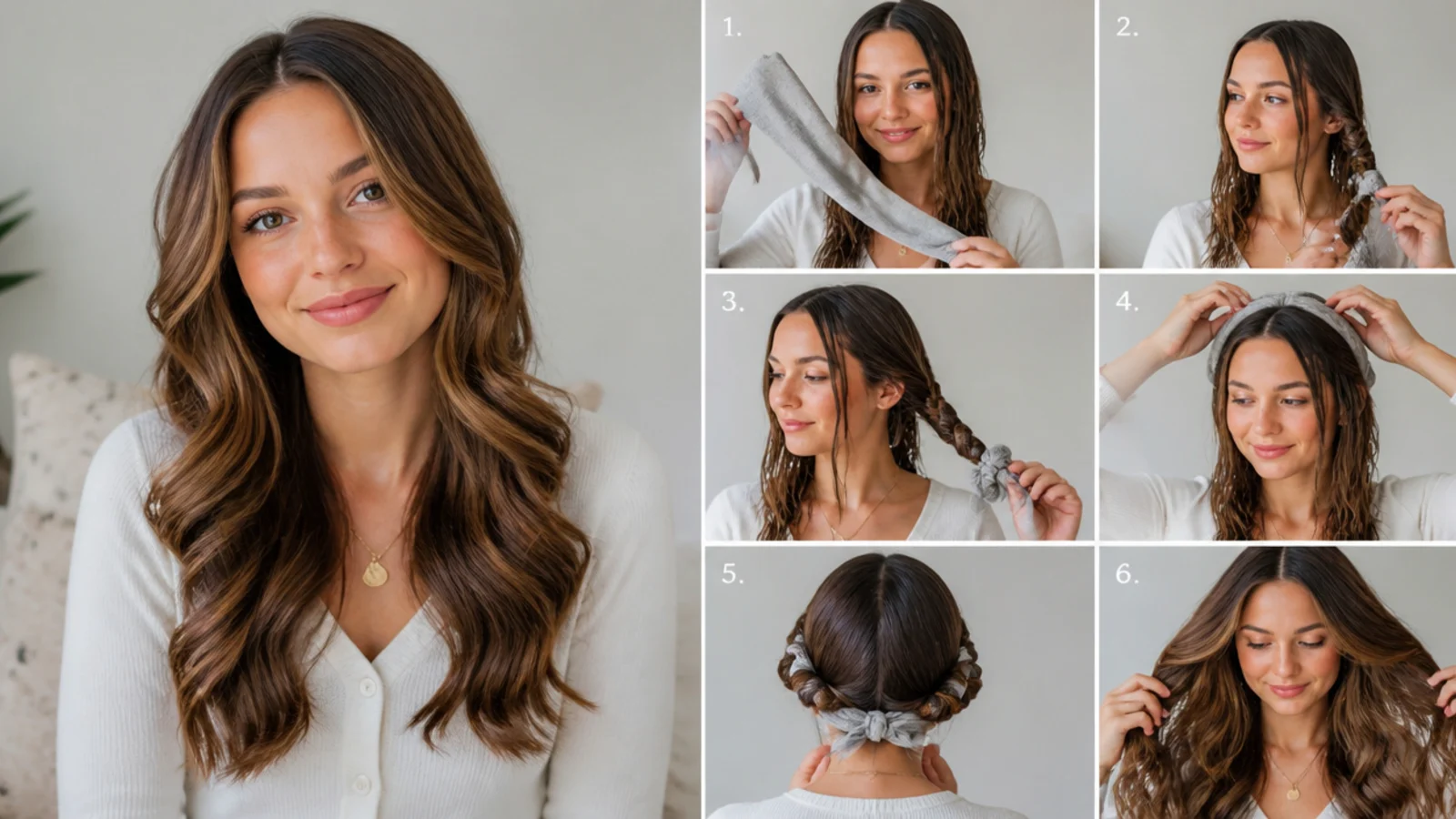 Damp hair being wrapped for defined heatless overnight curls