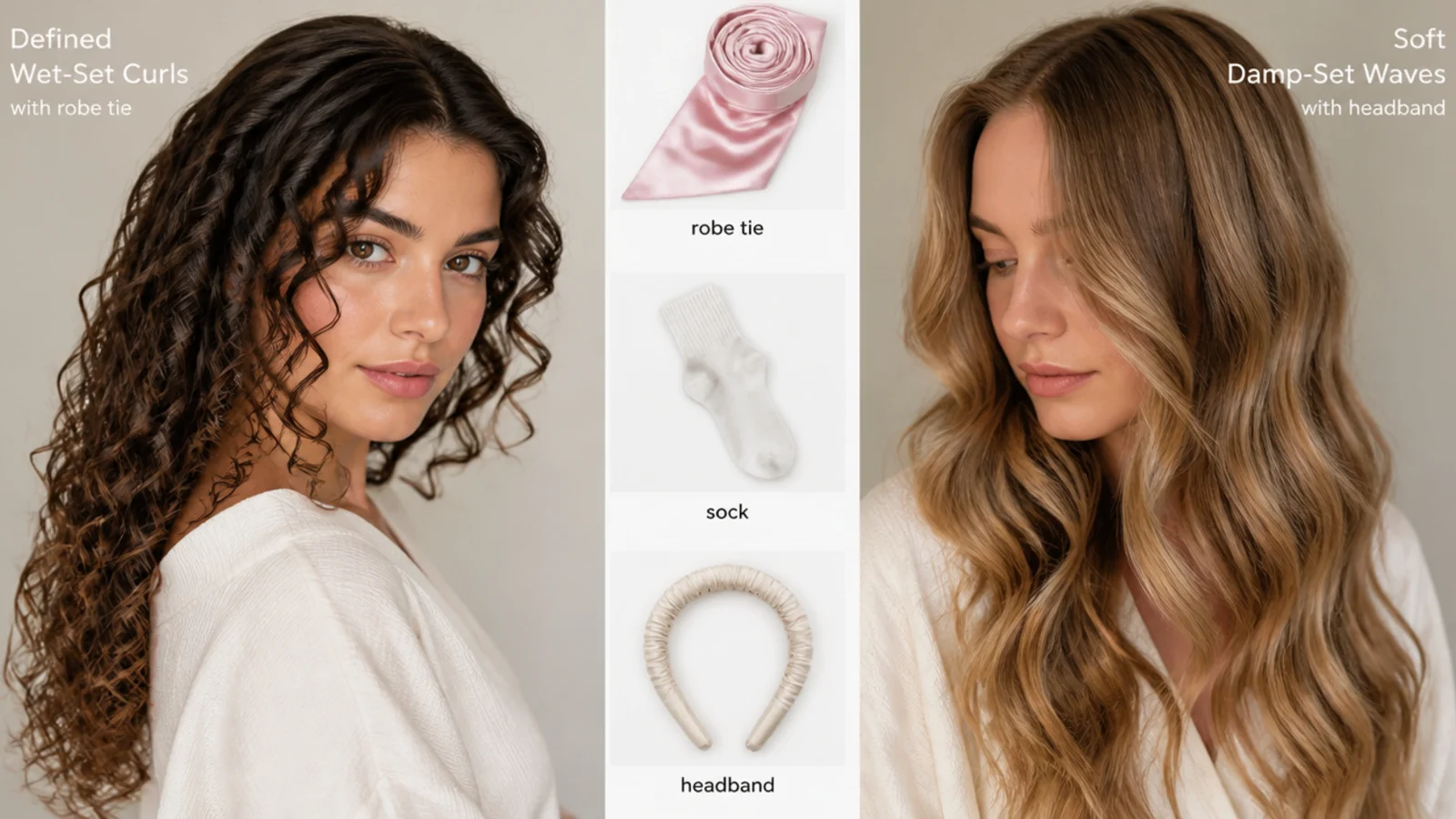 Defined wet-set curls next to soft damp-set waves