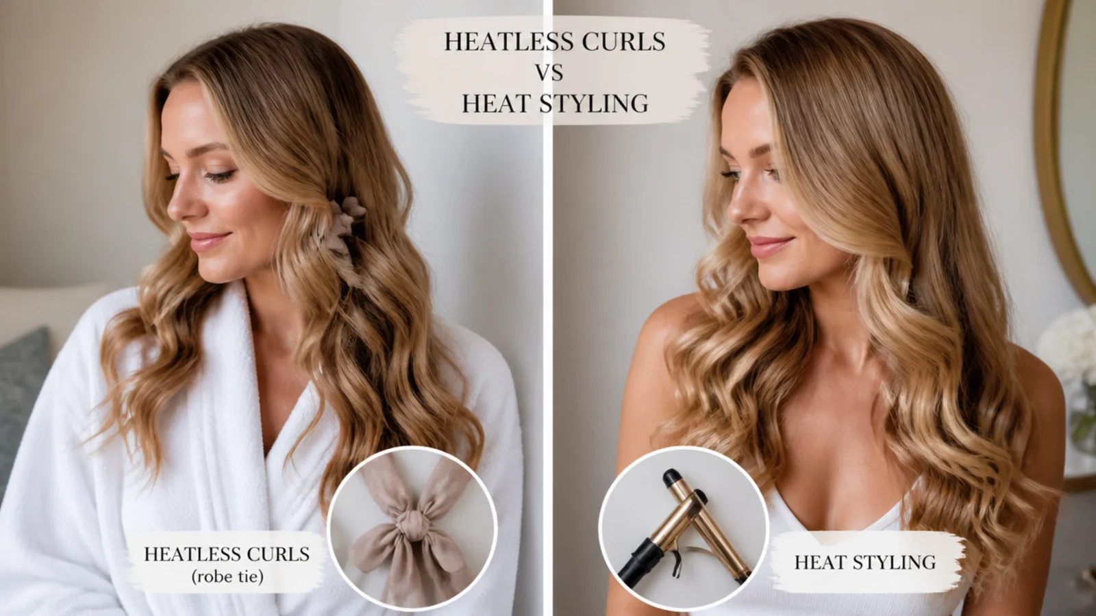 Heatless curls vs heat styling comparison, vertical Pinterest style