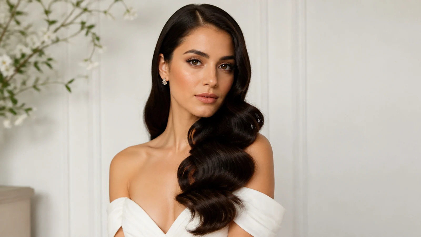 Bridal Hollywood waves swept over one shoulder