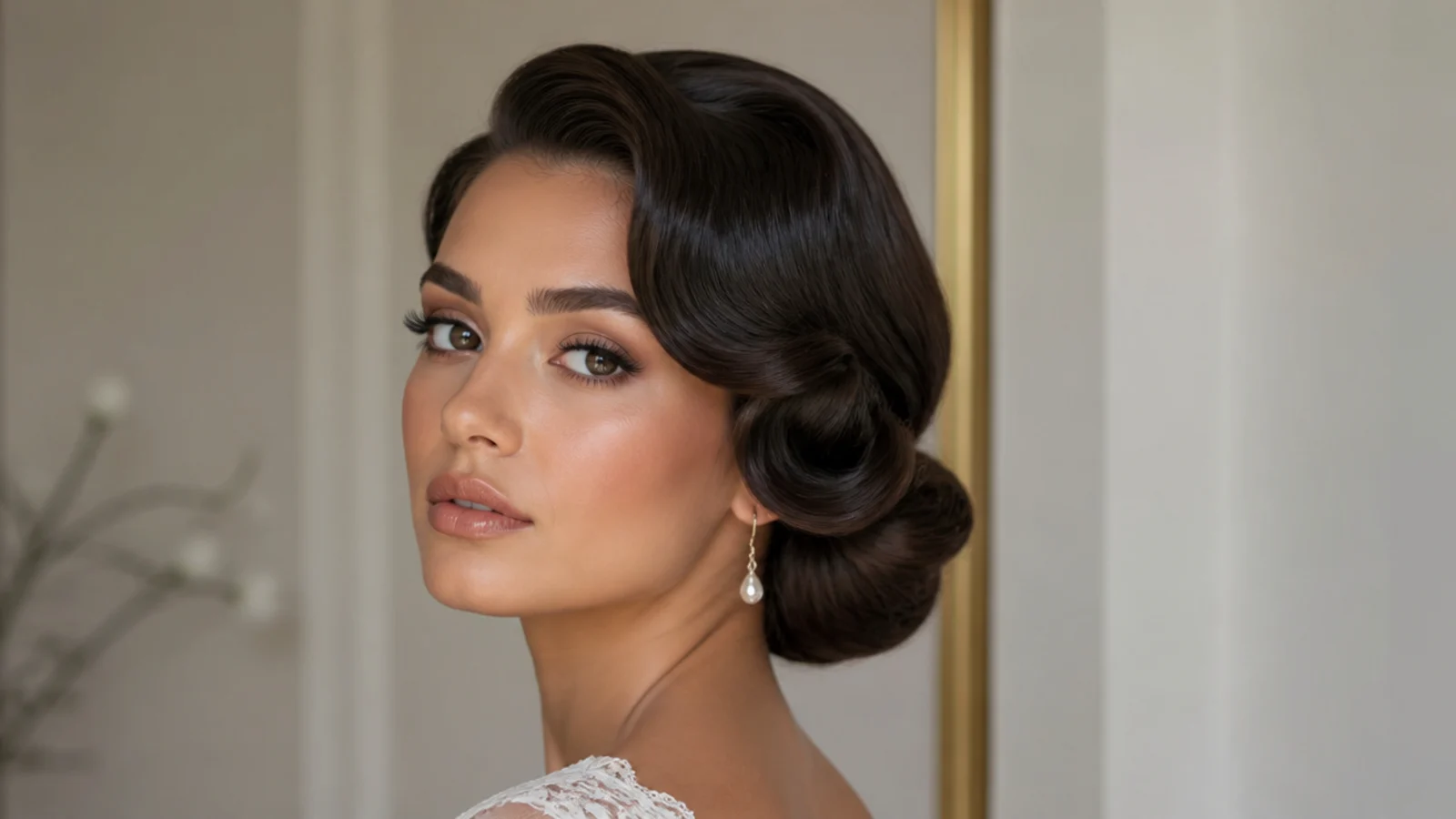 Bridal Hollywood waves swept into a soft low chignon