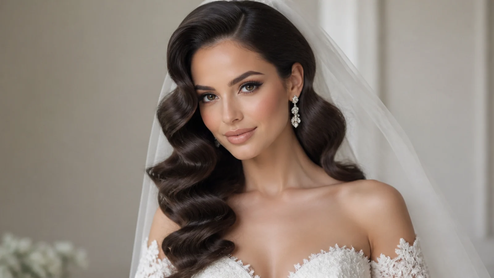 Bridal Hollywood waves worn with a veil