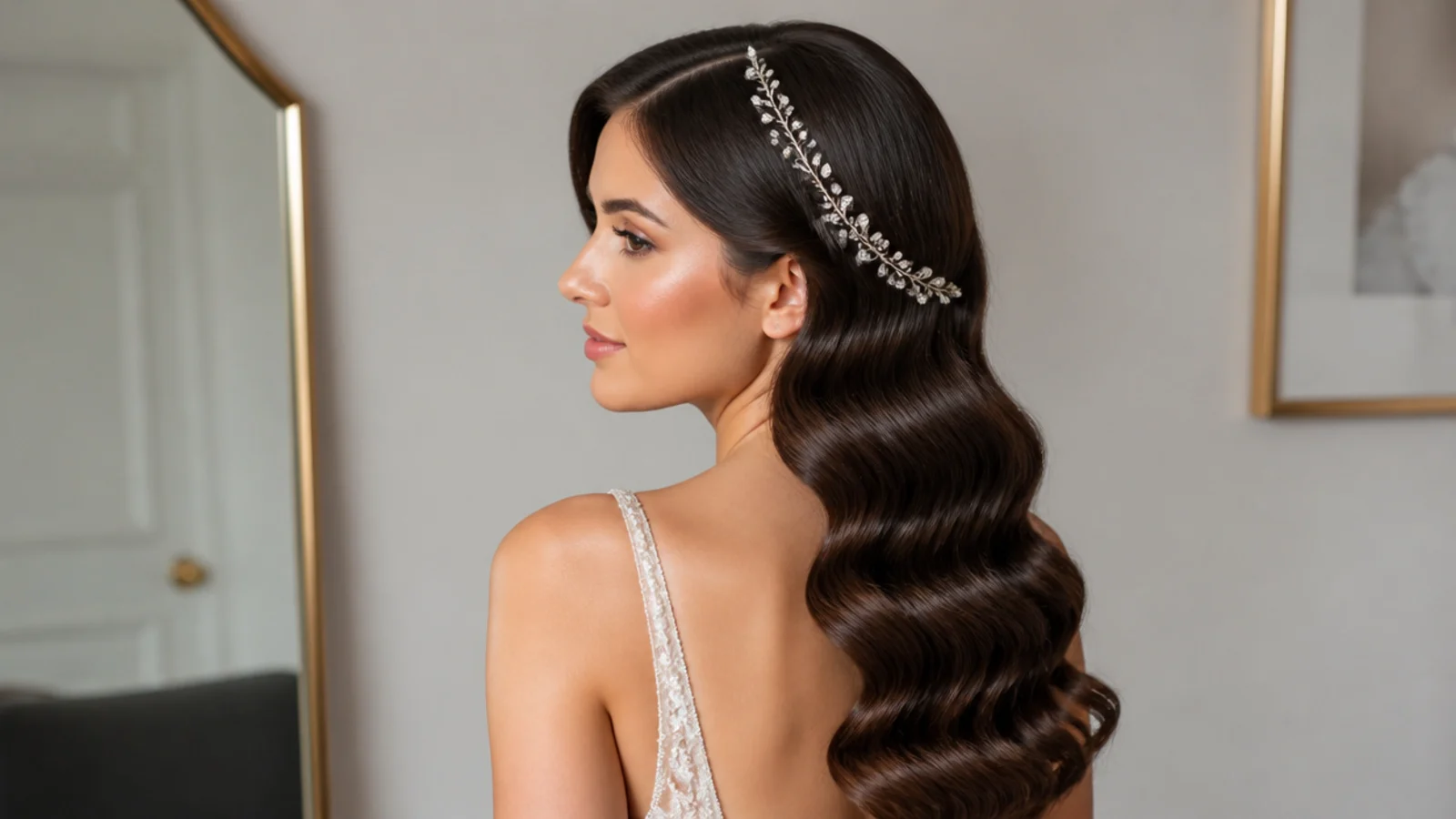 Bridal Hollywood waves finished with a delicate hair vine