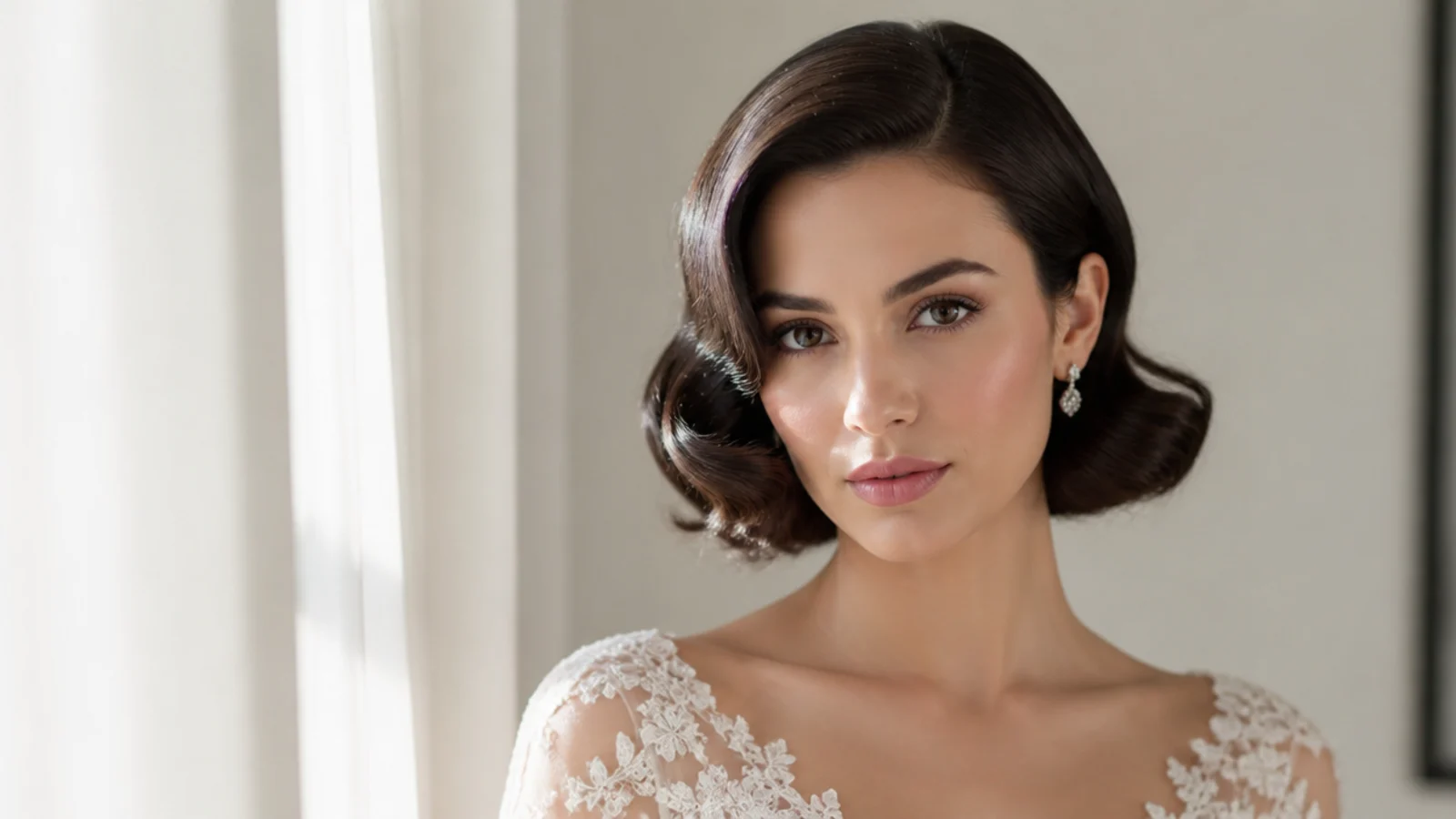 A bridal bob styled in soft Hollywood waves