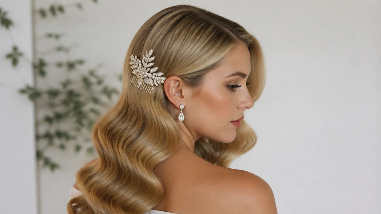 Bridal Hollywood waves with a vintage jeweled comb