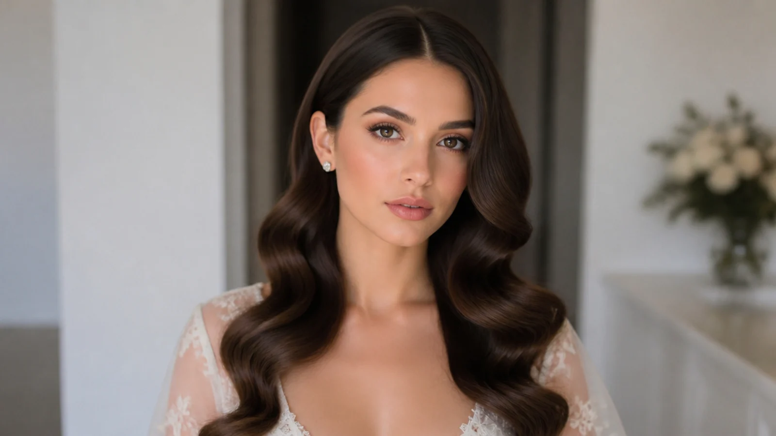 Bridal Hollywood waves with a clean middle part