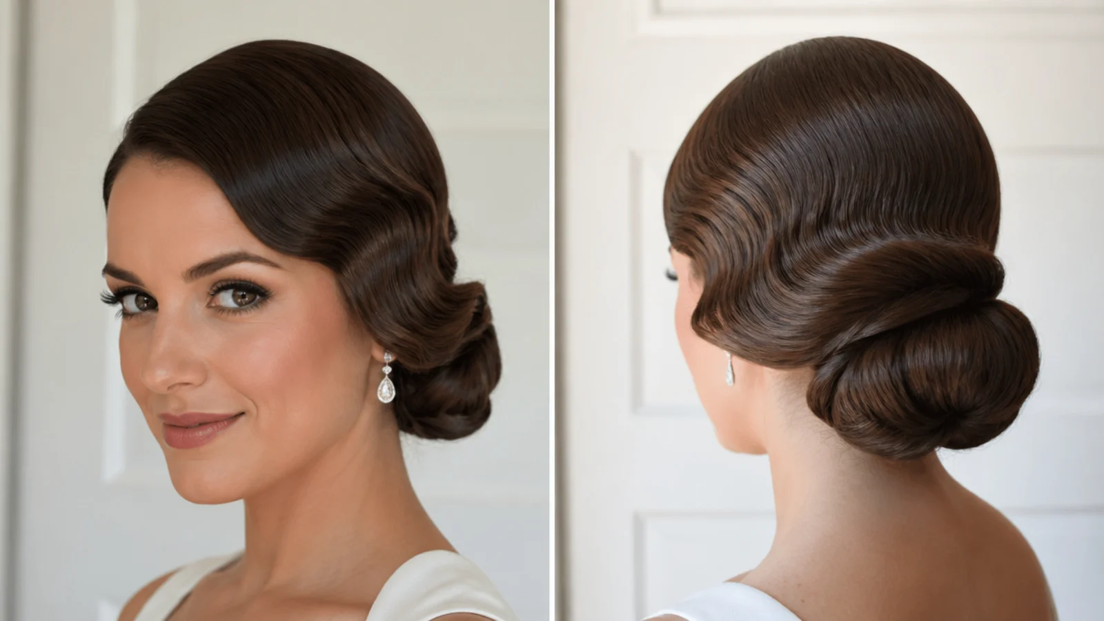 Bridal Hollywood waves swept into an elegant low bun