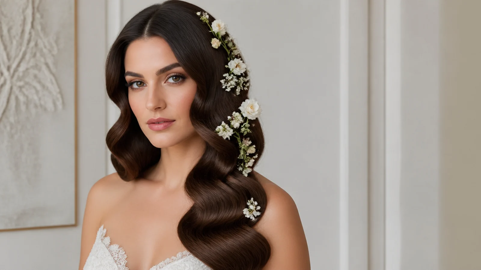 Bridal Hollywood waves adorned with small fresh flowers