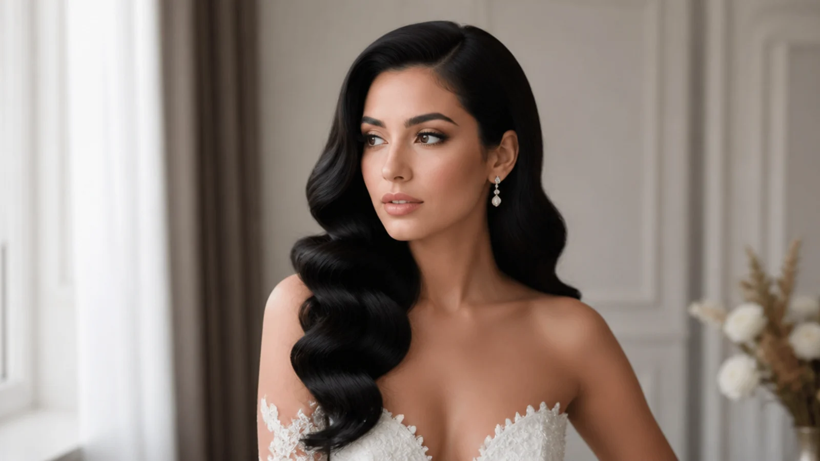 Glossy bridal Hollywood waves on dark hair
