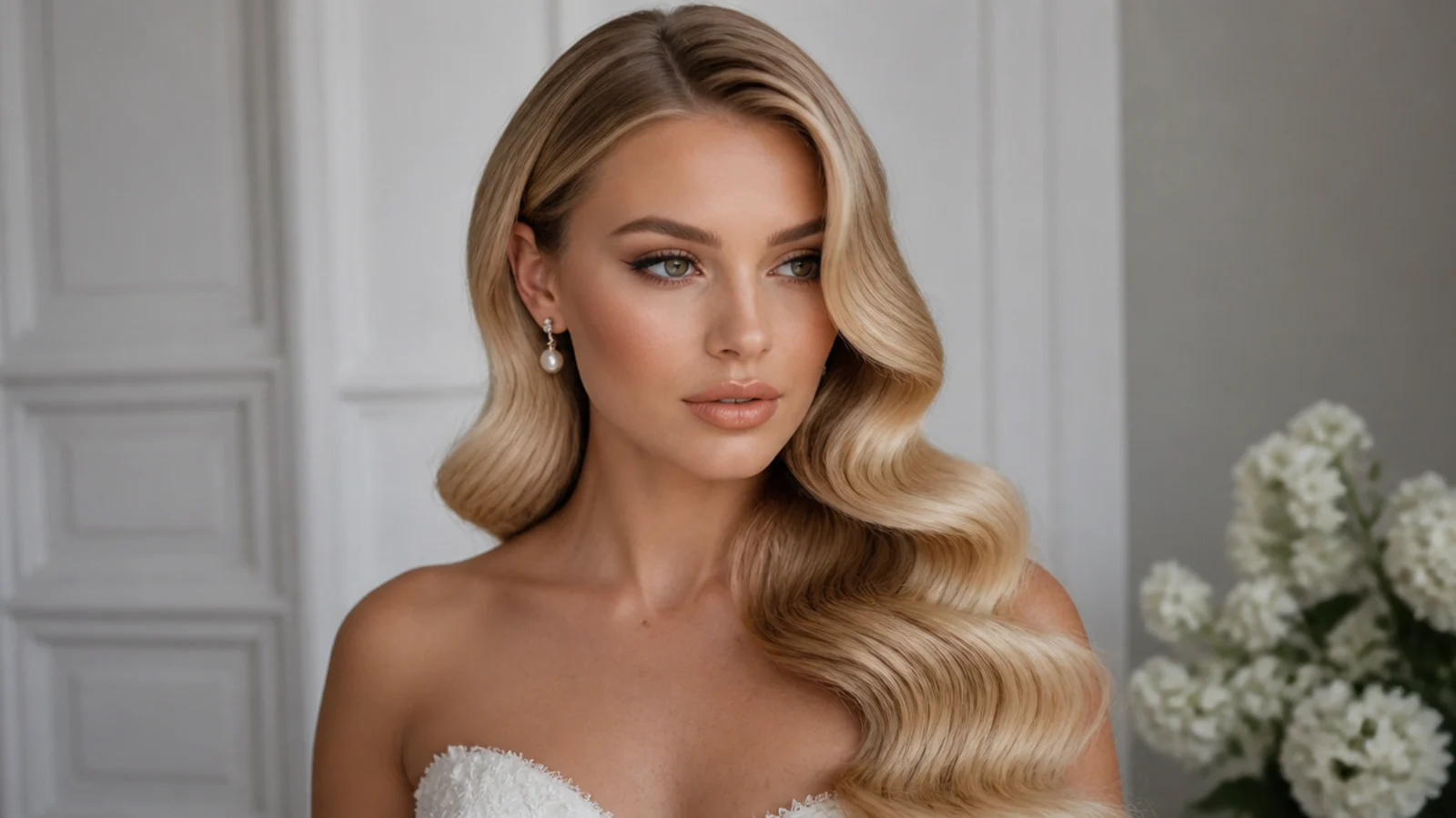 Soft bridal Hollywood waves on blonde hair