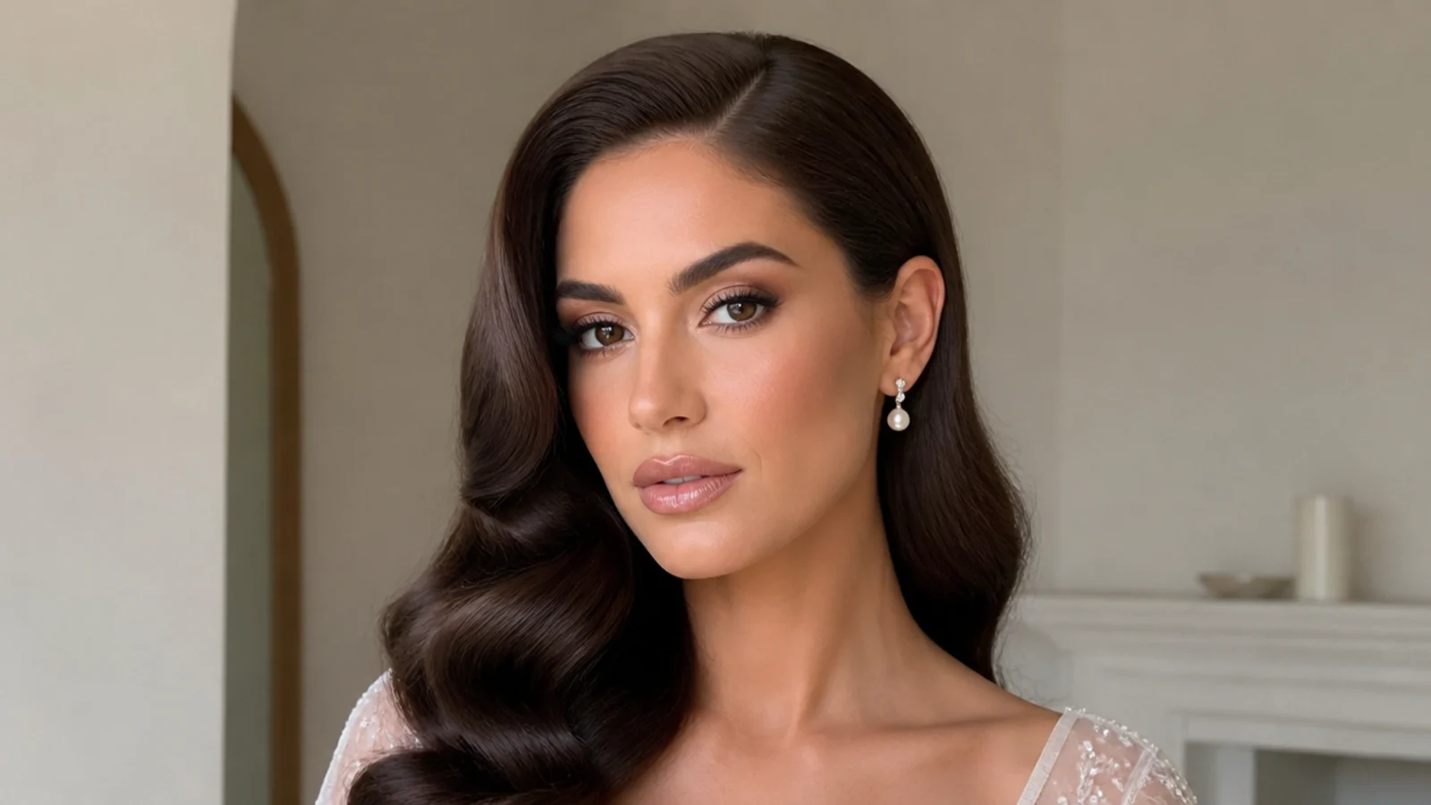 Bridal Hollywood waves tucked behind one ear to show earrings