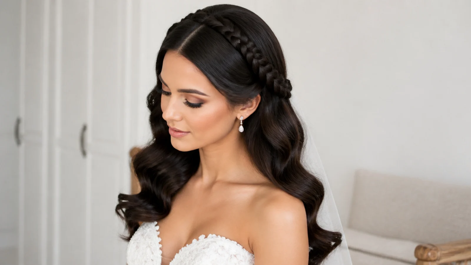 Bridal Hollywood waves with a soft braided crown detail