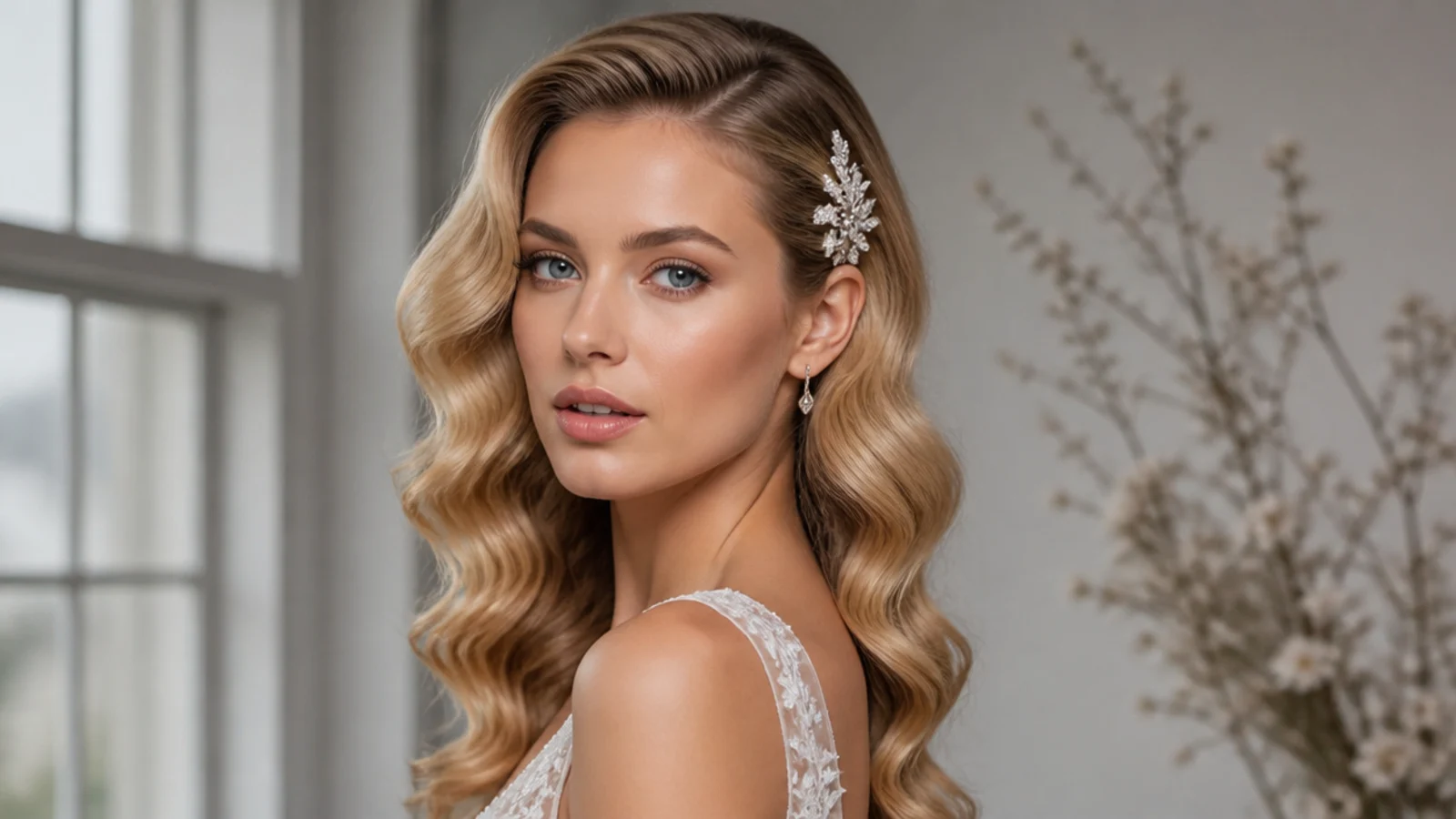 Bridal Hollywood waves finished with crystal clips