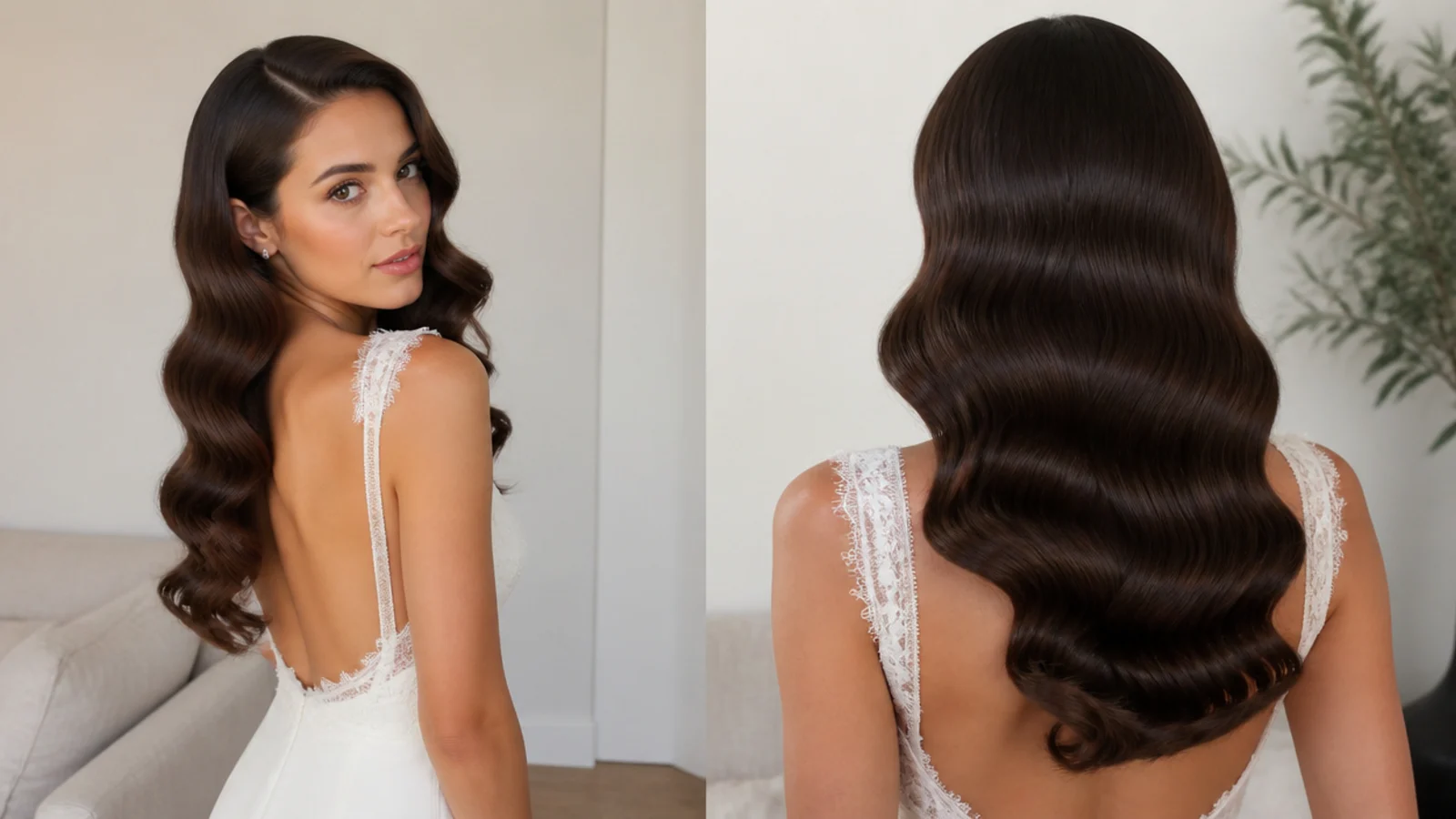 Ultra-glossy bridal Hollywood waves
