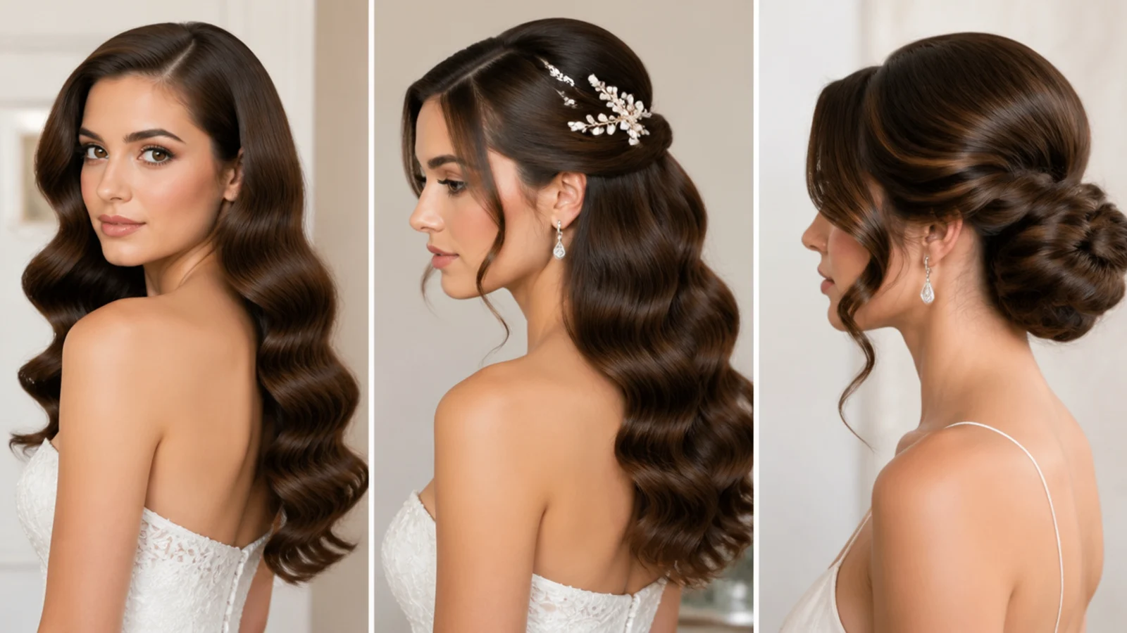 Bridal Hollywood waves shown flowing, half-up and in a chignon