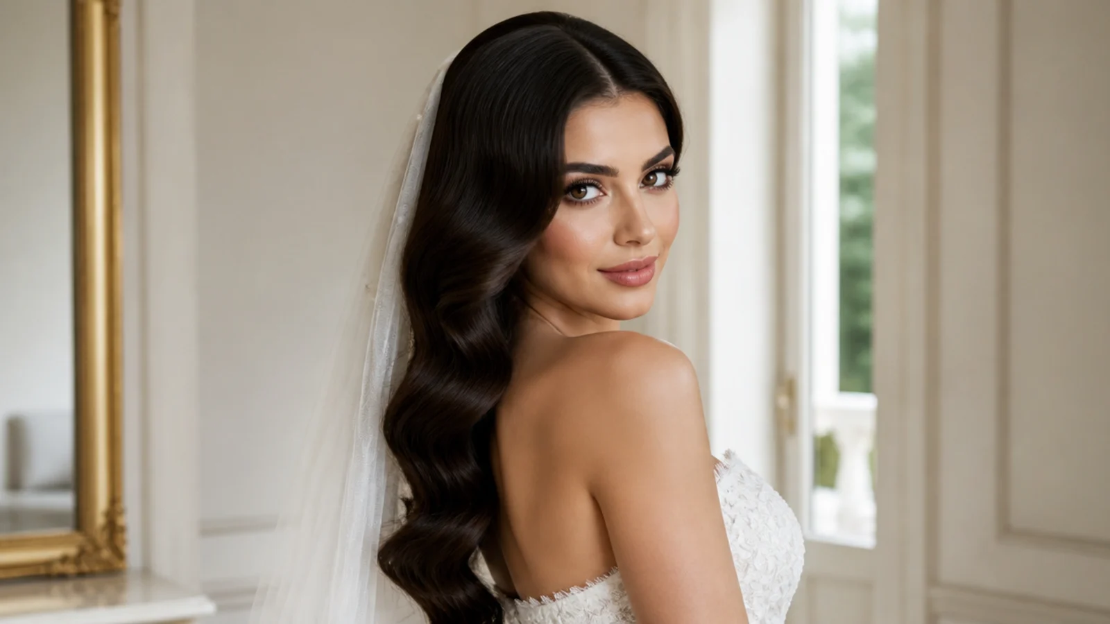 Soft bridal Hollywood waves with a glossy, romantic finish and a veil