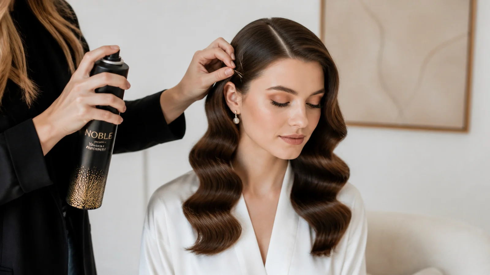 A stylist setting bridal waves with pins and flexible hairspray