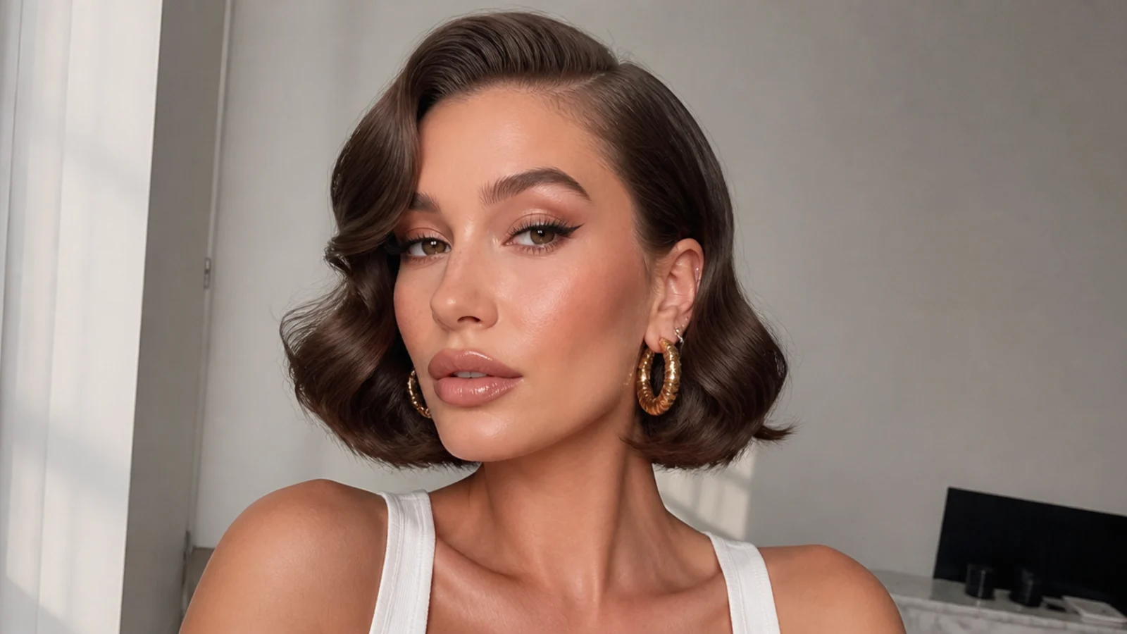 A bob with a deep side part and Hollywood waves