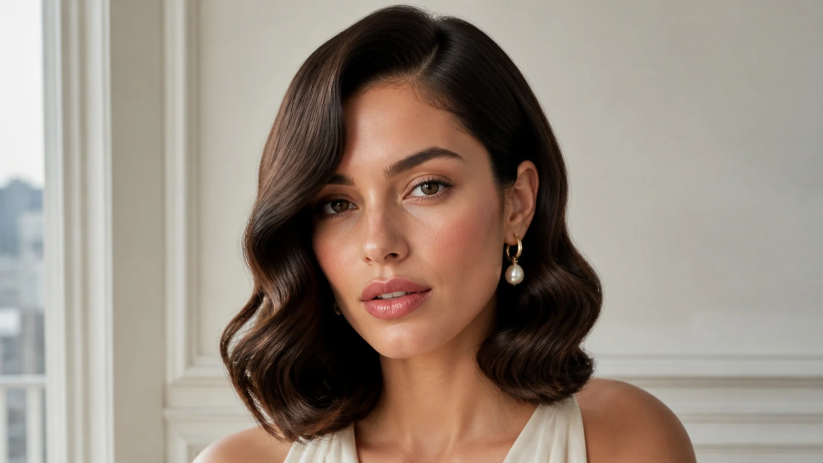 A lob styled in polished Hollywood waves