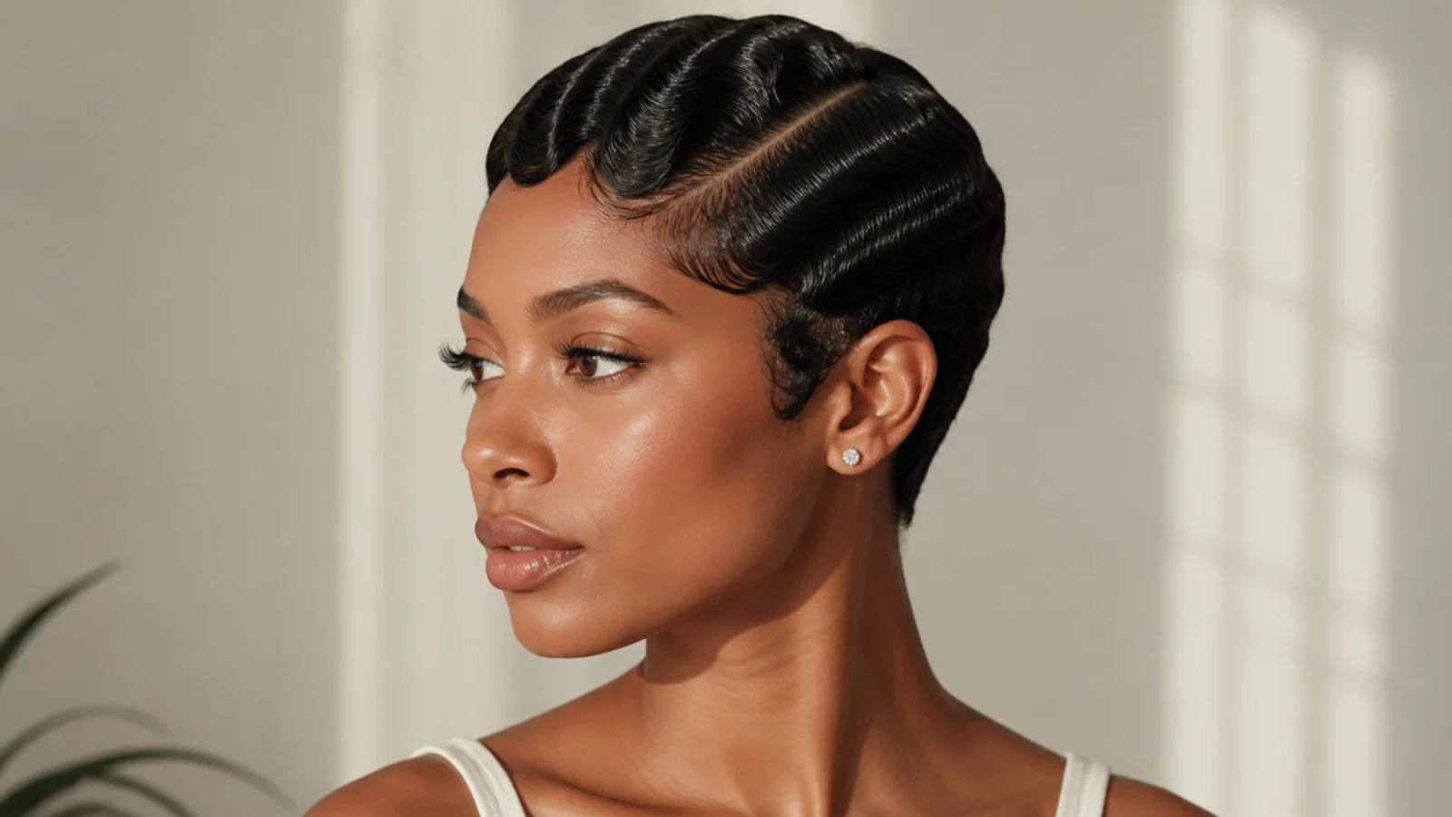 A pixie cut styled in vintage finger waves