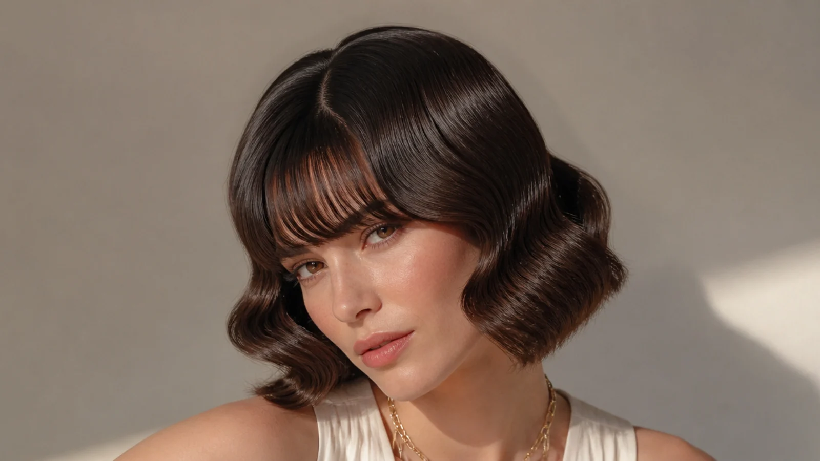 A bob with bangs styled in Hollywood waves