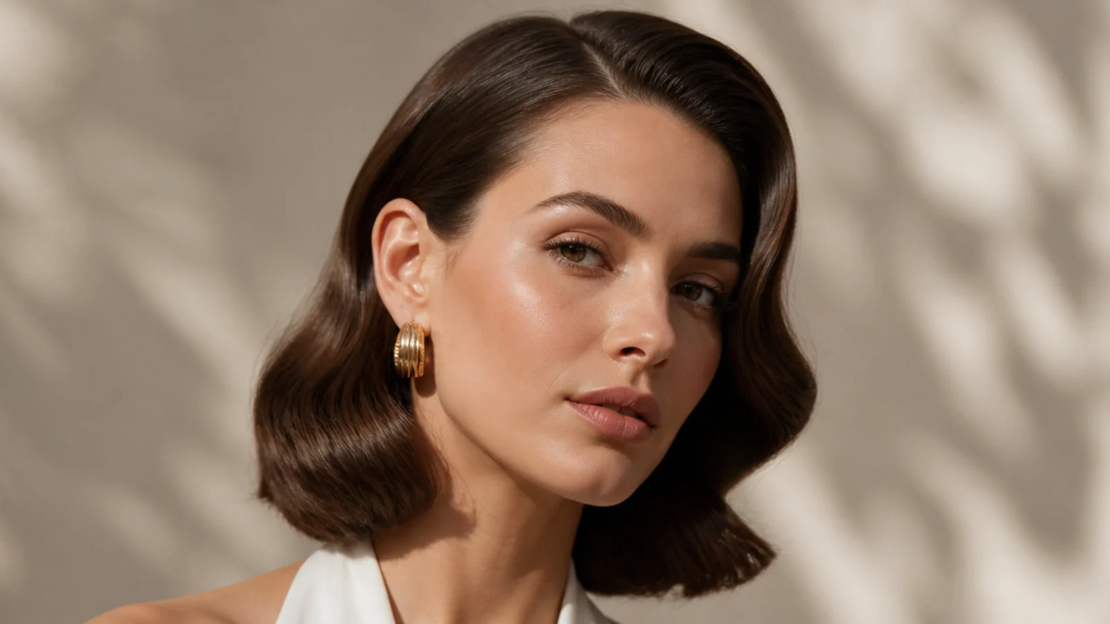 A waved bob tucked behind one ear to show earrings