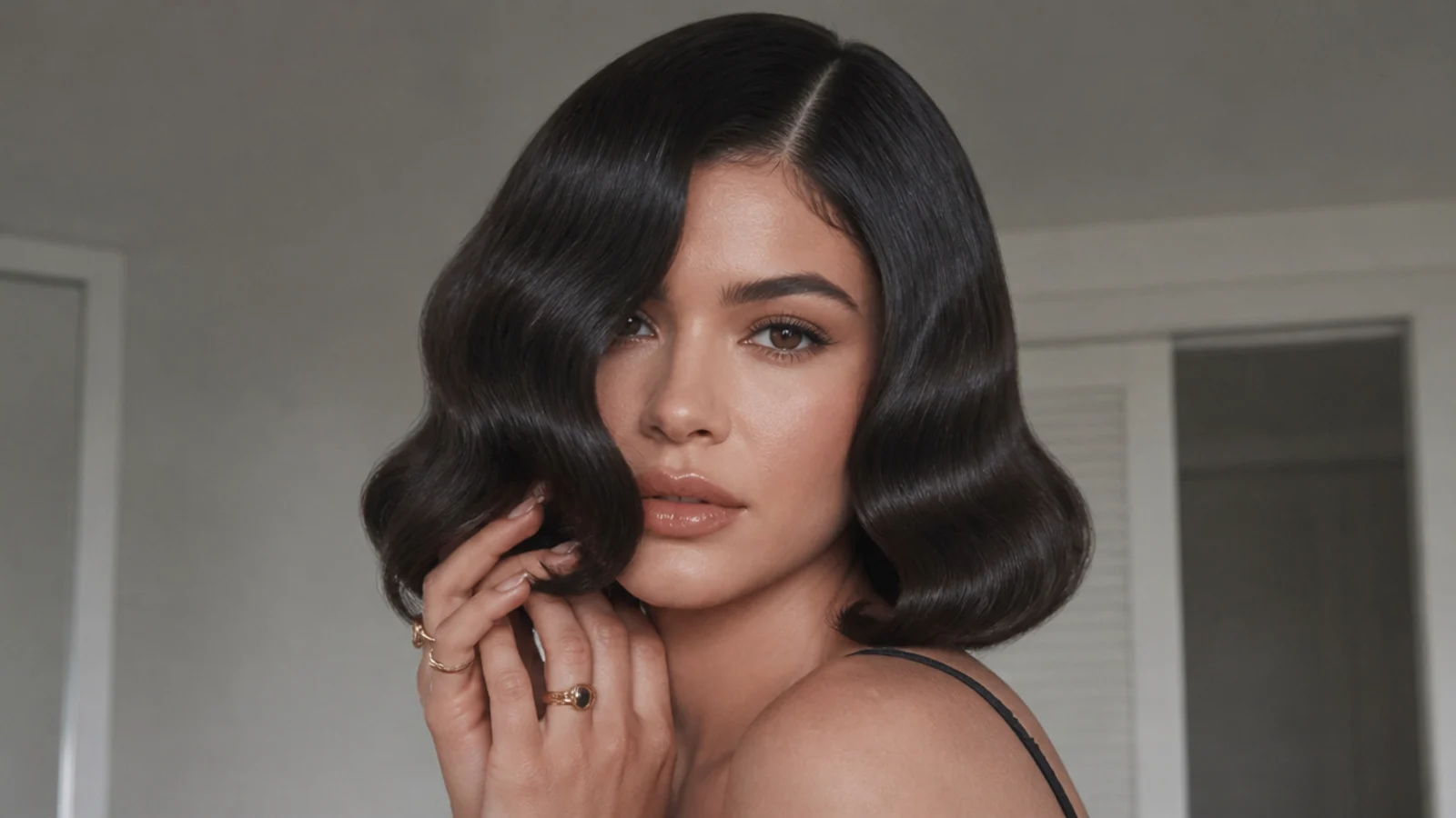 A glossy dark bob in Hollywood waves