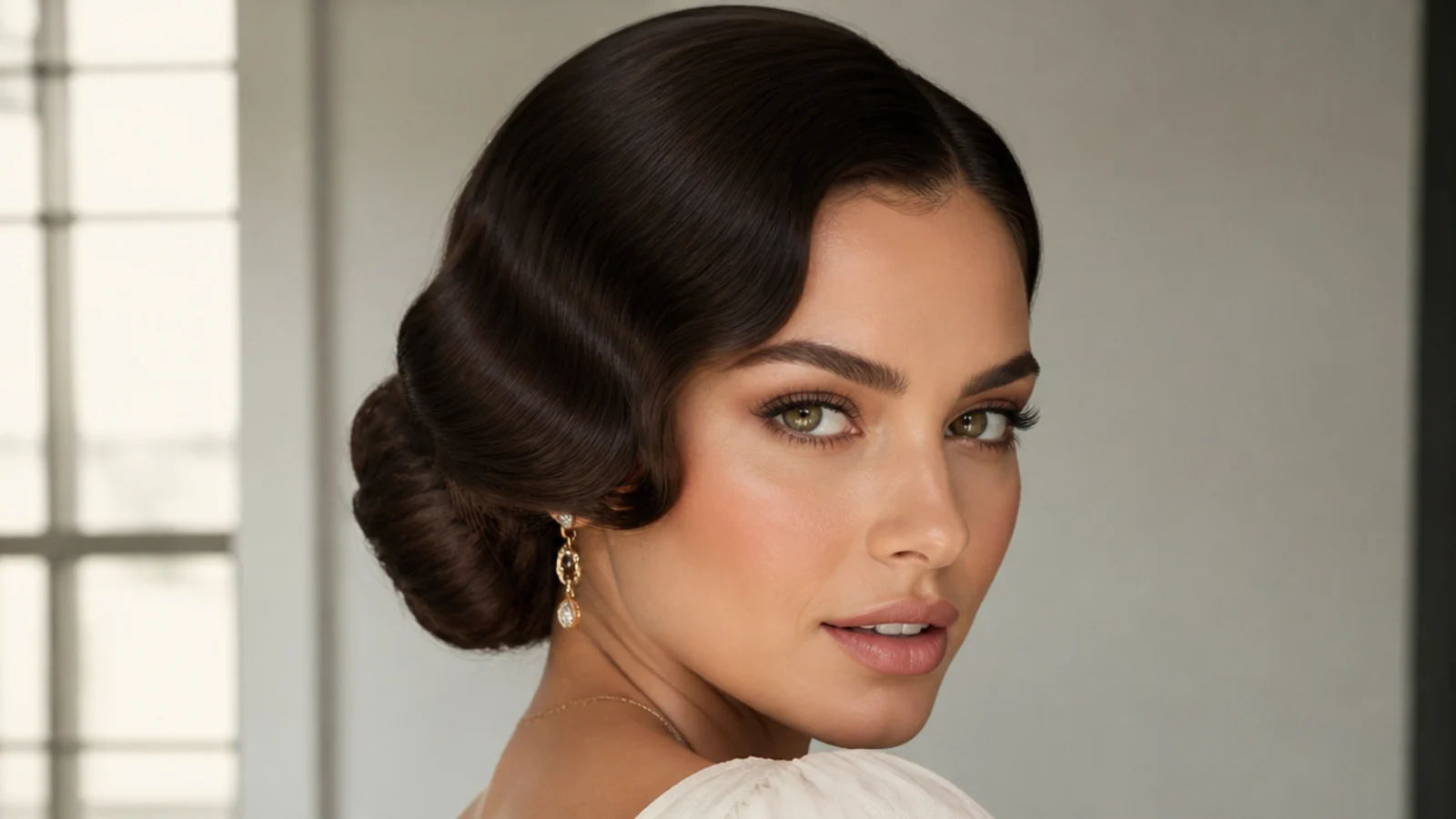 A waved bob styled in a low tucked finish