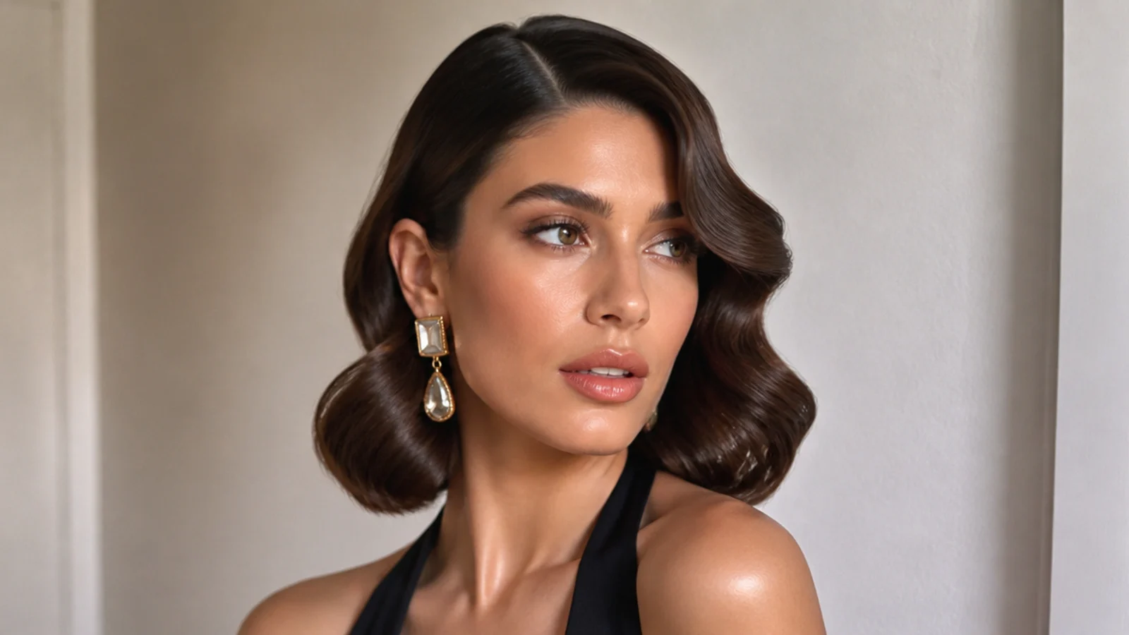 A glossy waved bob styled for a night out with statement earrings