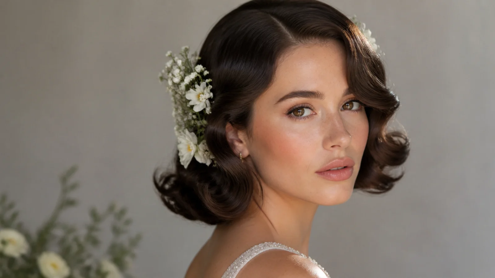 A waved bob adorned with small fresh flowers