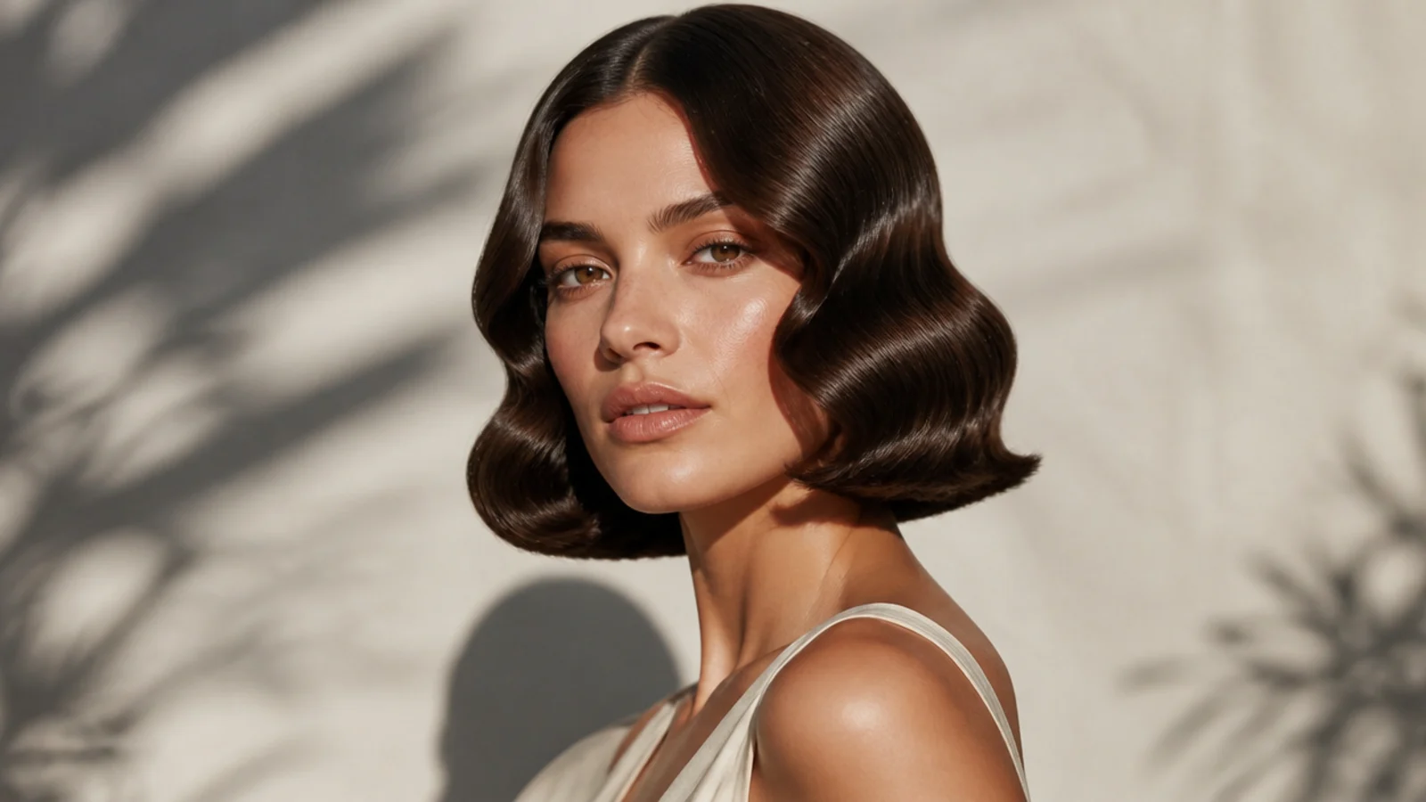A glossy bob styled in sculpted old-Hollywood waves